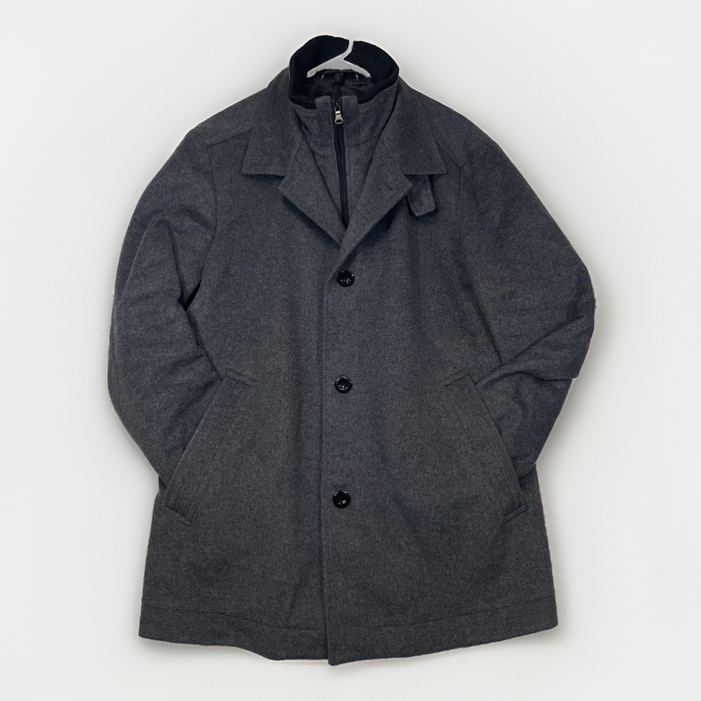 Hugo Boss 42R Wool Cashmere Coat Jacket Pockets Mock Neck Buttons Zip Lined